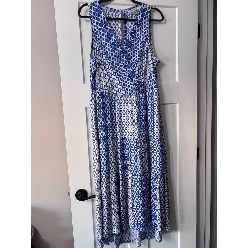 Tommy Bahama Blue White Geometric Tiered High-Low Maxi Dress Pockets XL SW621721 - Picture 2 of 9